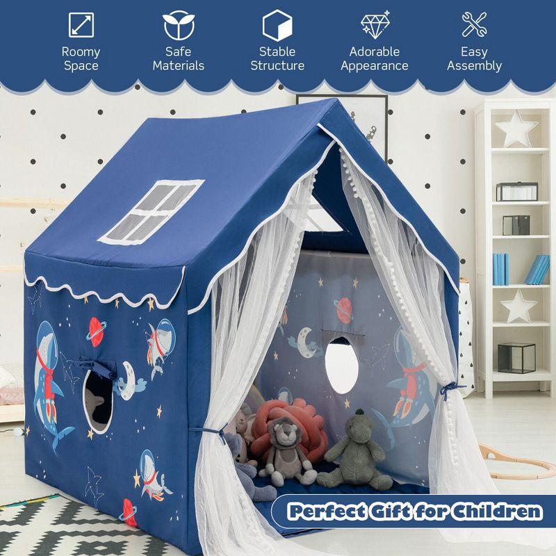 Blue Children's Indoor Play Tent with Cotton Mat and Mesh Curtains