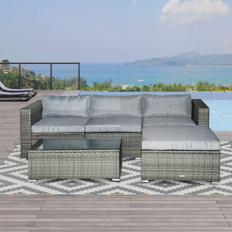 Outsunny 5-Piece Outdoor Sectional Furniture, Patio Sofa Set, PE Wicker Couch, Cushions, Pillows, Ottoman, Coffee Table