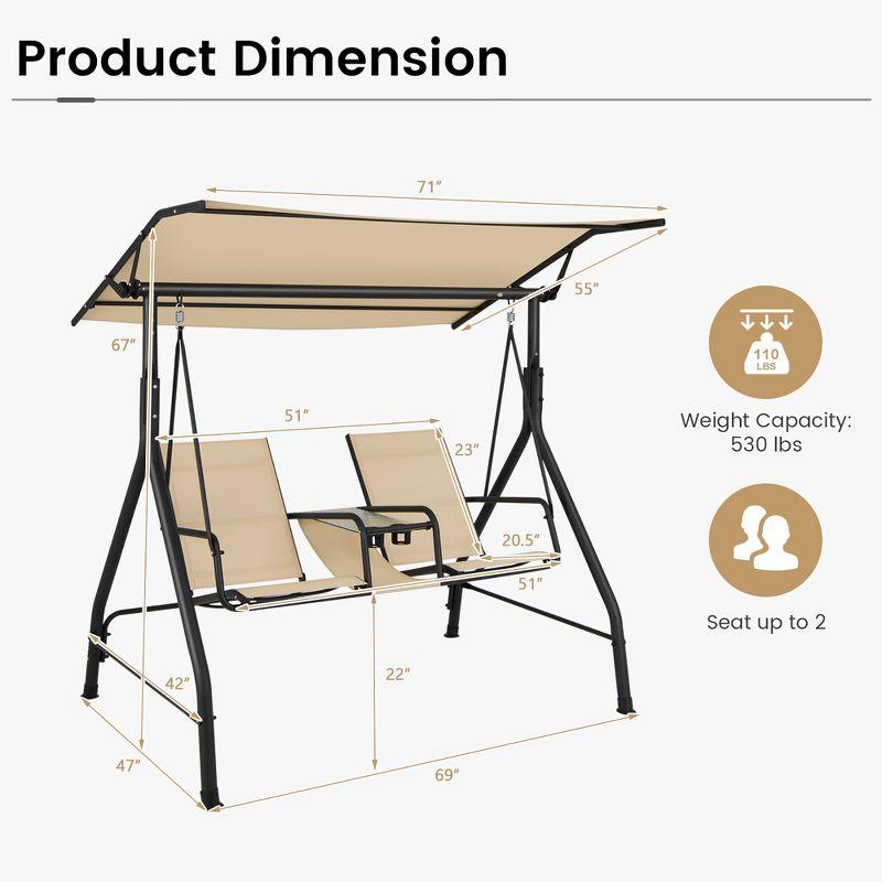 Costway 2-Seat Outdoor Patio Swing Adjustable Canopy Tempered Glass Table Top Cup Holder Beige