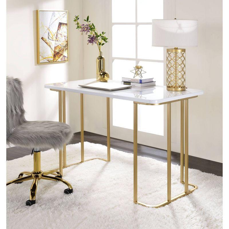 White and Gold Modern Writing Desk with Metal Sled Base