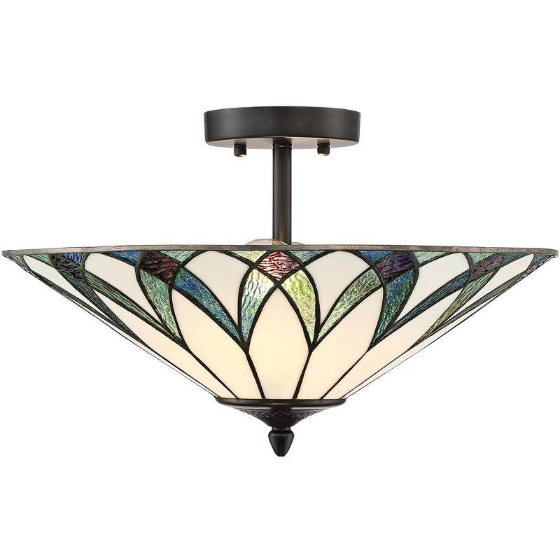 Regency Hill Filton Tiffany Style Ceiling Light Semi Flush Mount Fixture 18" Wide Bronze 2-Light Blue Green Art Glass for Bedroom Kitchen Living Room