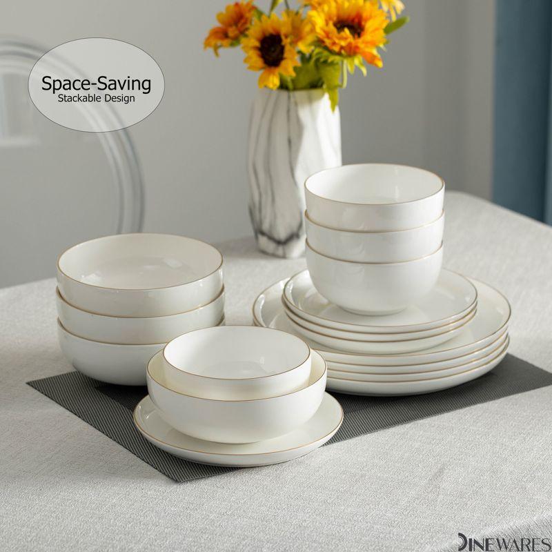 Dinewares White with Gold Rim Bone China Dinnerware Set - Service for 4, Includes Dinner Plates, Salad Plates, and Cereal or Soup Bowls