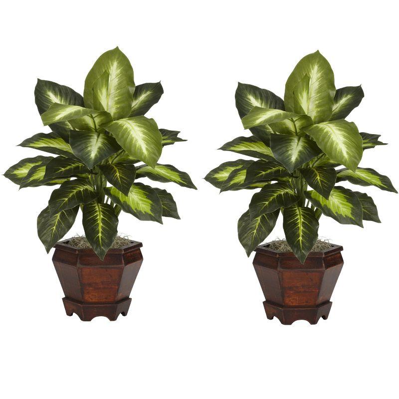 Nearly Natural Dieffenbachia with Wood Vase Silk Plant (Set of 2), Golden