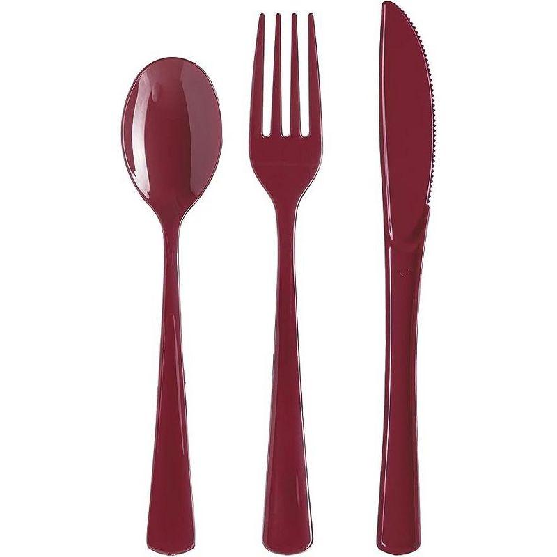 Exquisite Burgundy Plastic Utensil Cutlery Set Forks Spoons Knives- 150 Pack