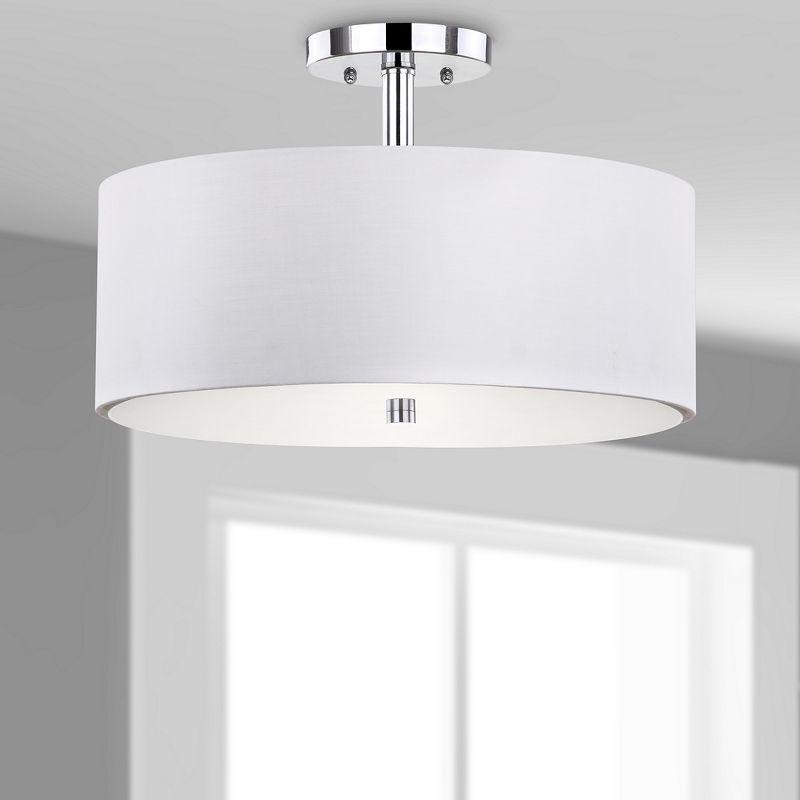 Clara 16" White Cotton Drum Ceiling Light with Chrome Accents