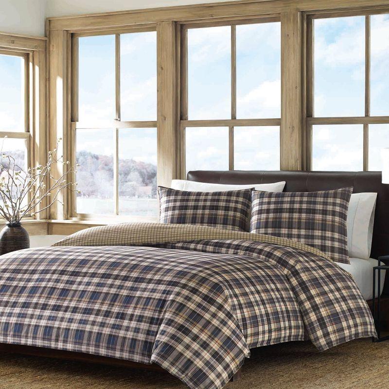 King Navy and Purple Cotton Plaid Duvet Cover Set