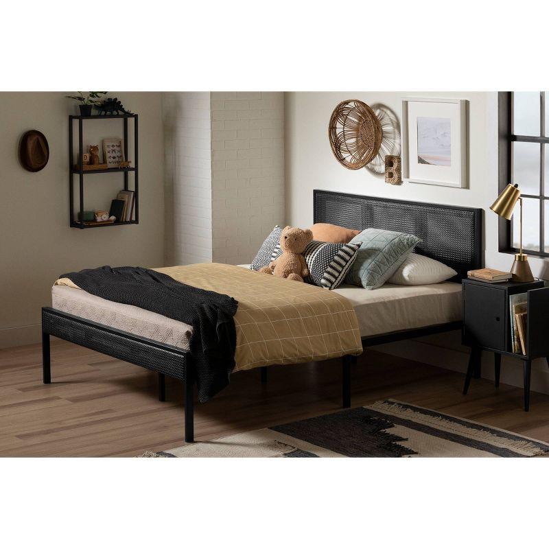 Full Black Metal Platform Bed with Natural Cane Headboard