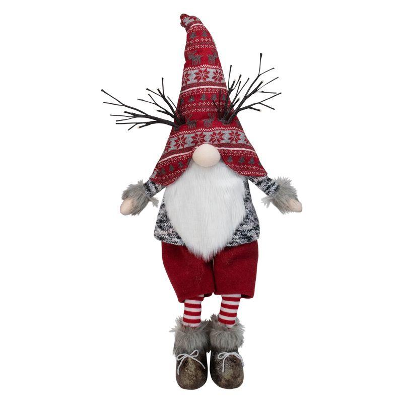 30" Red and Gray Fair Isle Sitting Gnome Christmas Figure with LED Antlers