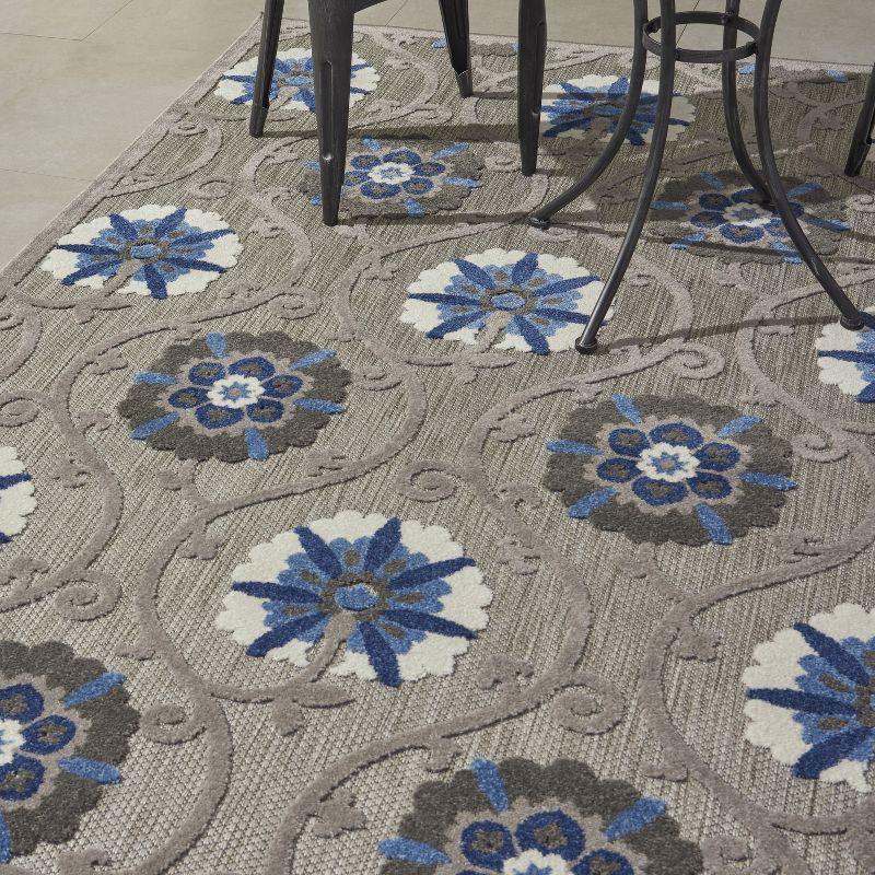 Nourison Aloha Contemporary Floral Flatweave High-Low Indoor Outdoor Area Rug Grey/Blue 9'6" x 13'