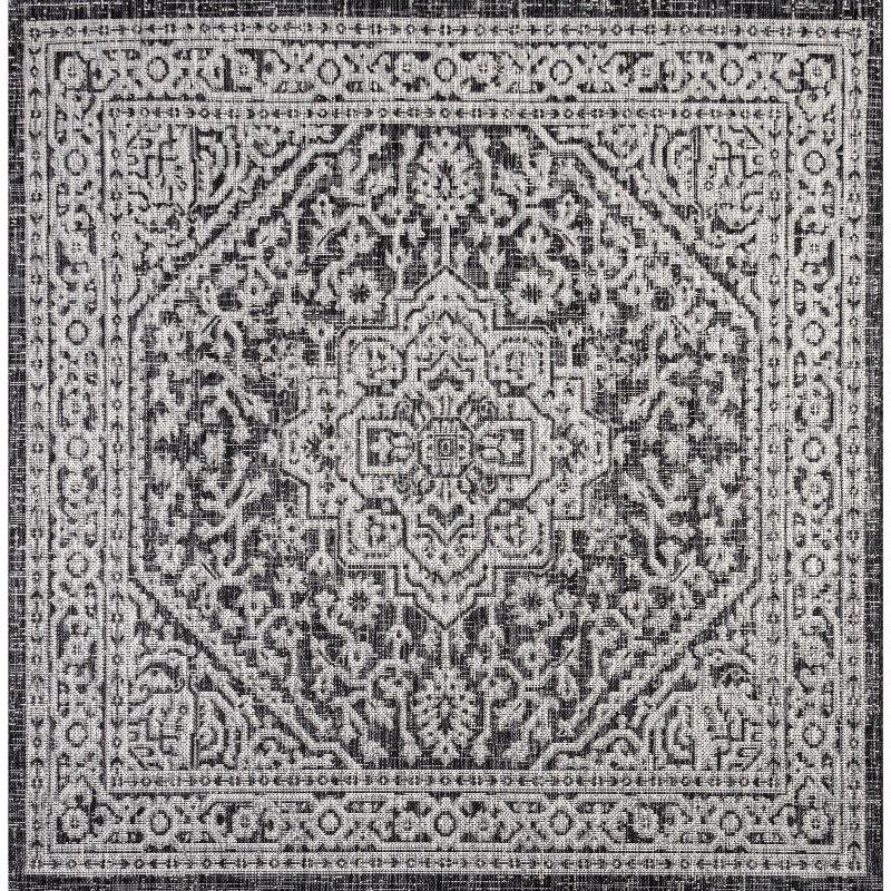5' Square Sinjuri Medallion Textured Weave Indoor/Outdoor Area Rug, Gray/Black - JONATHAN Y