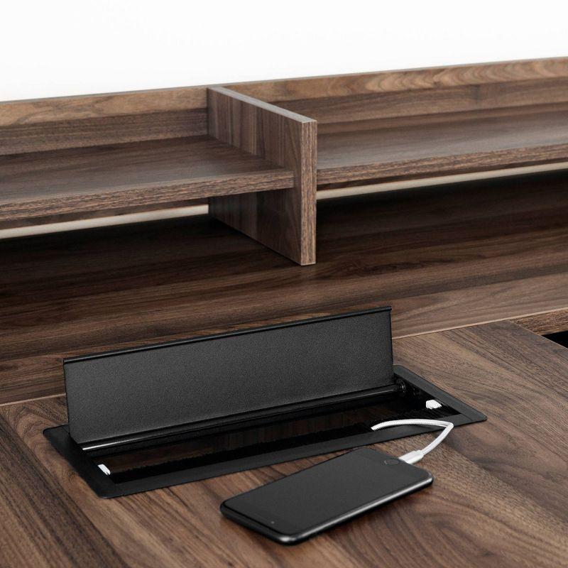 Natural Walnut L-Shaped Executive Desk with Hutch and Power Outlet