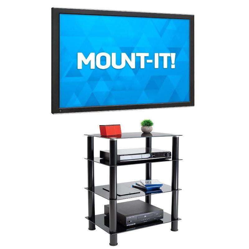 Mount-It! Tempered Glass AV Component Media Stand | Audio Tower & Media Center with 4 Shelves, Black