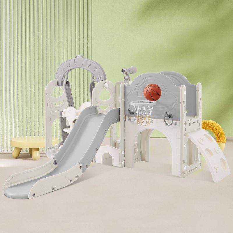 7-in-1 White and Gray Toddler Slide and Swing Set with Basketball Hoop