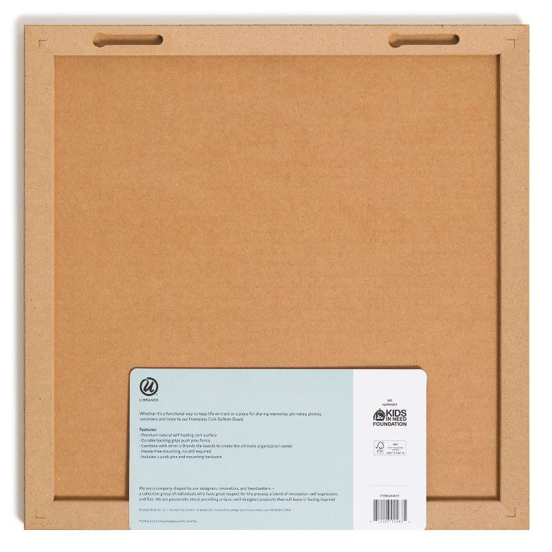 U Brands 14"x14" Square Frameless Cork Board Tile: Wall Mount Bulletin Pinboard with Push Pins, Brown