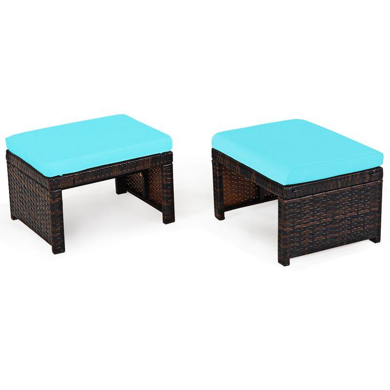Tangkula 2 PCS Outdoor Wicker Ottoman Patio Rattan Furniture Metal Footrest Seat Square Footstool with Cushion Turquoise