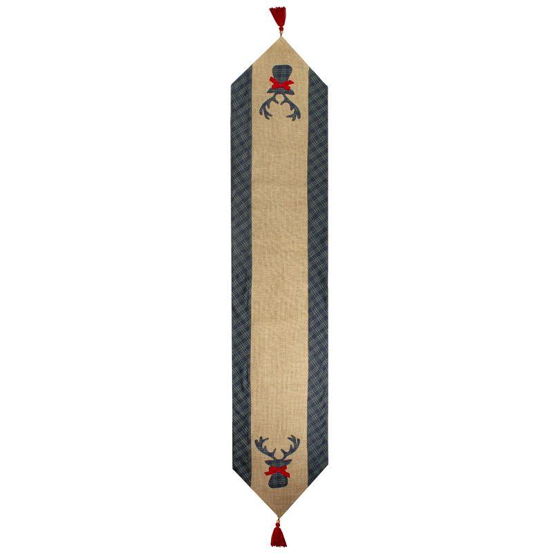 Northlight Burlap and Plaid Reindeer Christmas Runner - 80" - Blue and Beige