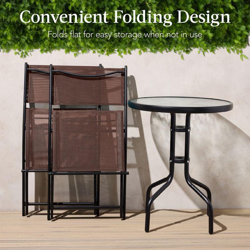George Oliver 3-Piece Patio Bistro Dining Furniture Set W/ Glass Tabletop, Folding Chairs