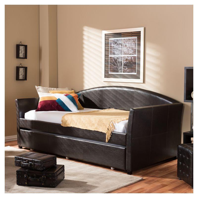 Twin London Modern and Contemporary Faux Leather Arched Back Sofa Daybed with Roll Out Trundle Guest Bed - Baxton Studio