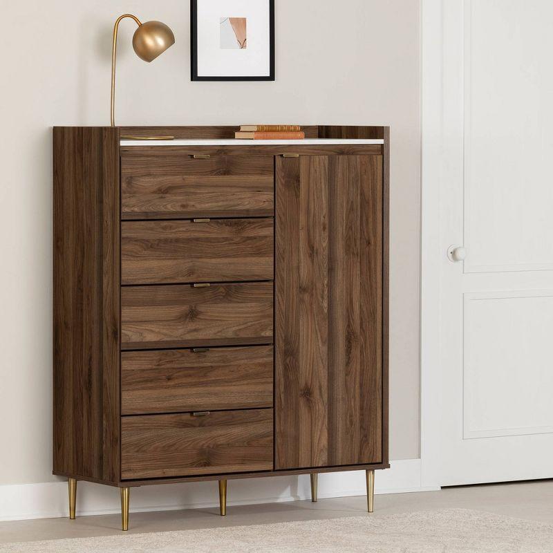 Natural Walnut and Faux Carrara Marble Glam 5-Drawer Dresser