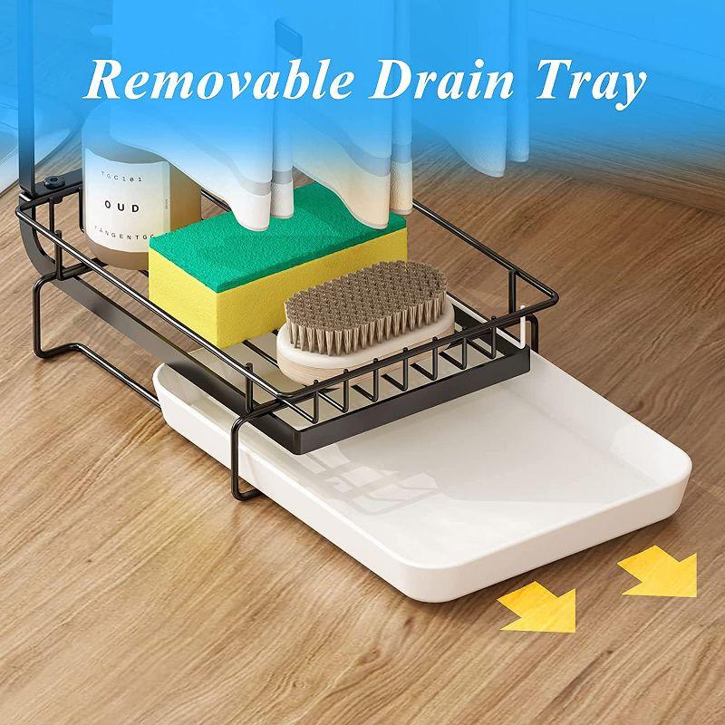 DOMETOUR Kitchen Sink Sponge Holder with Drainage Tray Kitchen Sink Storage Container Sponge Brush Soap Tray Metal Holder Black