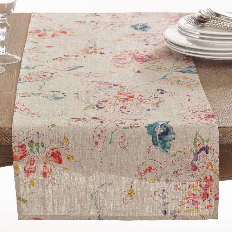 Beige Linen Floral Print Table Runner, 15" x 72"