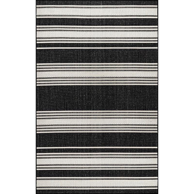 Black and White Striped Synthetic 5' x 8' Indoor/Outdoor Rug