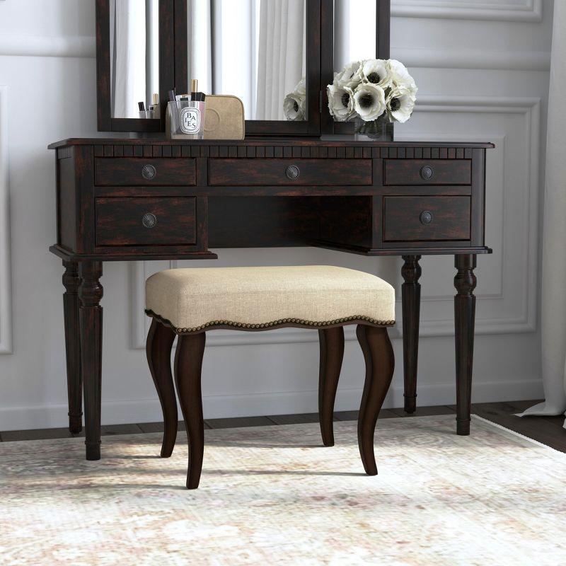 19" Burnished Oak and Cream Upholstered Backless Vanity Stool