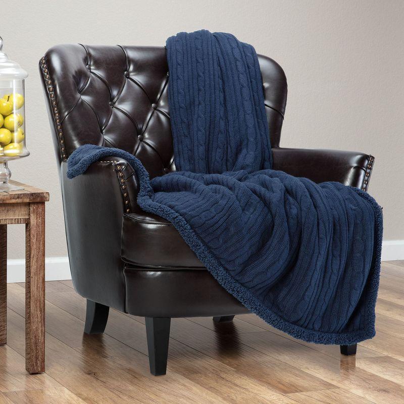 Navy Blue Cable Knit and Sherpa Reversible Throw Blanket 50" x 65"