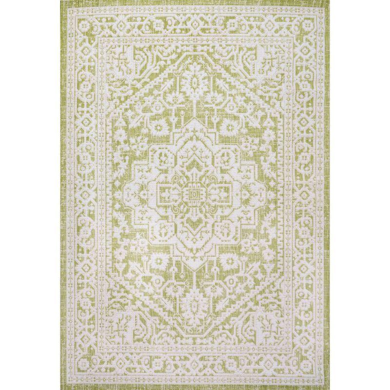 5' x 8' Sinjuri Medallion Textured Weave Indoor/Outdoor Area Rug, Green/Cream - JONATHAN Y