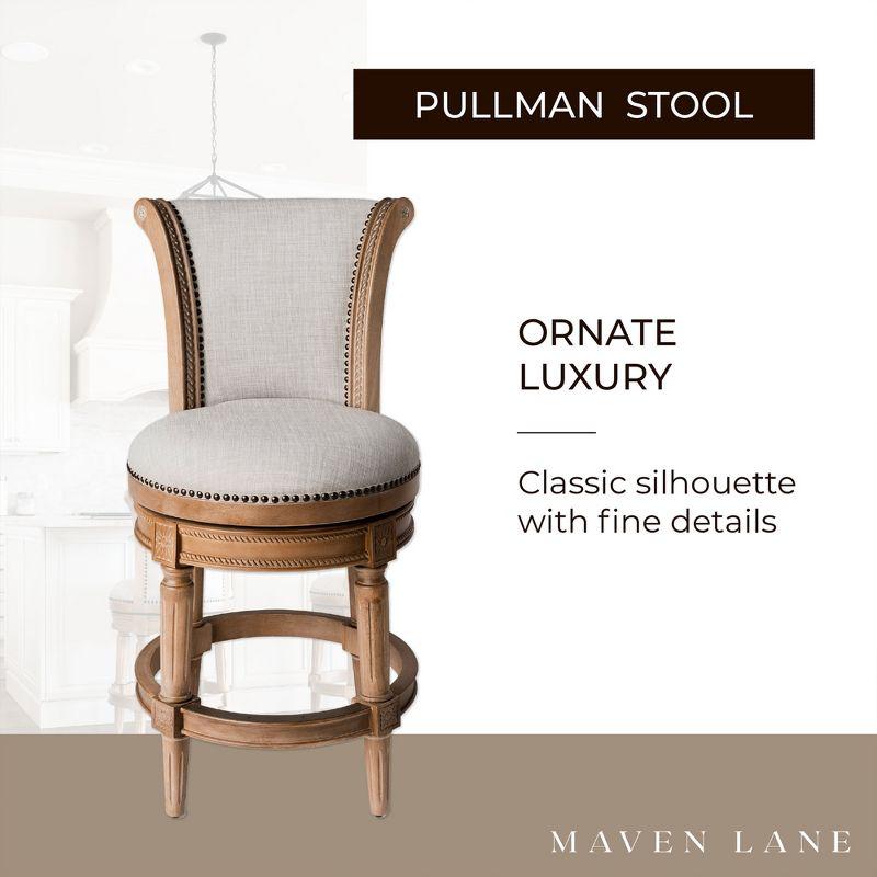 Maven Lane Pullman 26 Inch Tall Counter Height Upholstered Barstool with Back in Weathered Oak Finish with Sand Color Fabric Cushion Seat, Set of 4