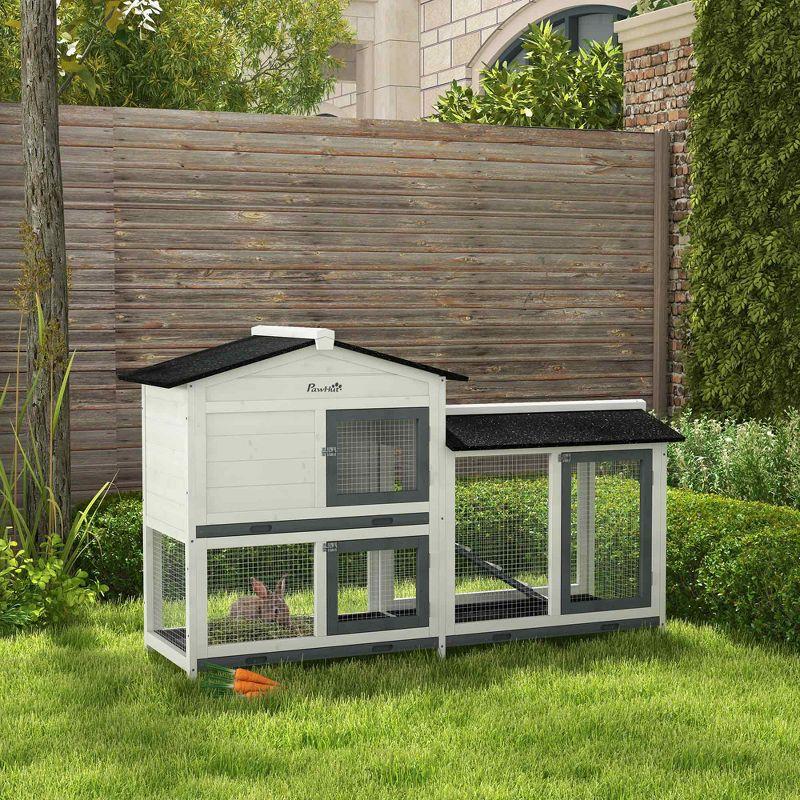 PawHut 2-Story Rabbit Hutch Wooden Bunny Hutch Cage Small Animal House with Ramp No Leak Tray Weatherproof Roof and Outdoor Run Indoor/Outdoor