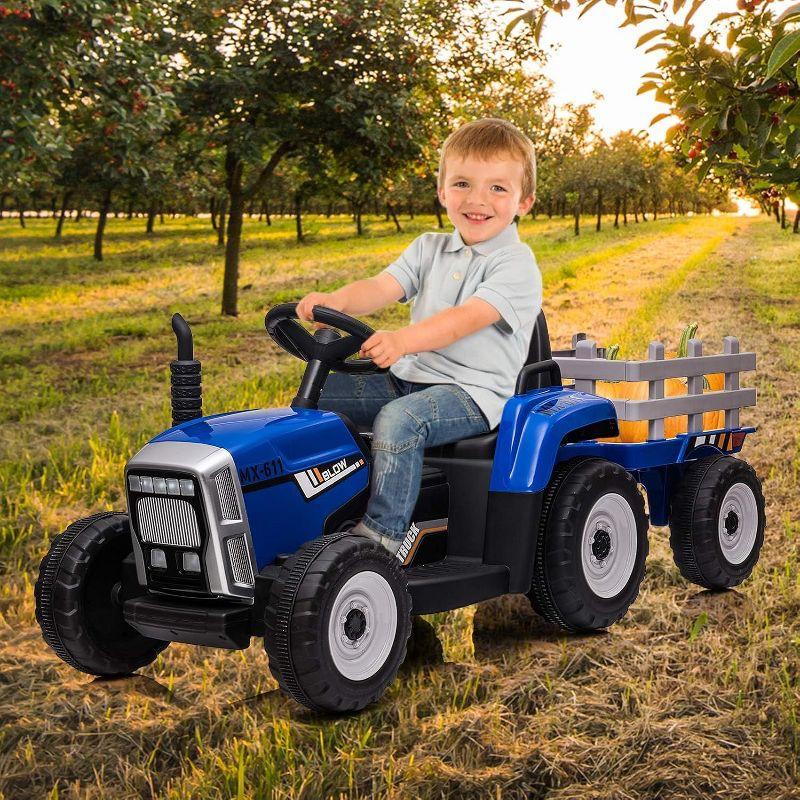 12V Blue Kids Electric Tractor with Trailer and Remote Control