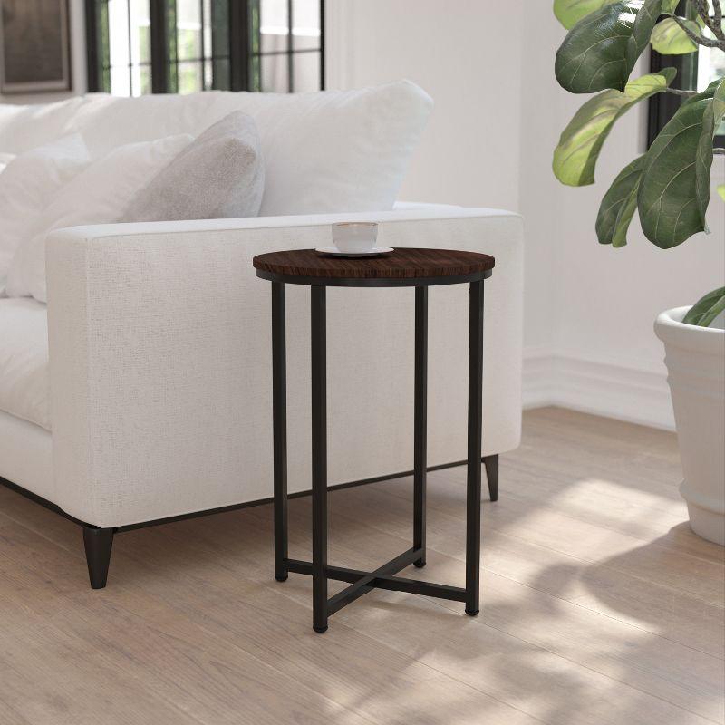 Round Walnut and Matte Black Wood Metal End Table