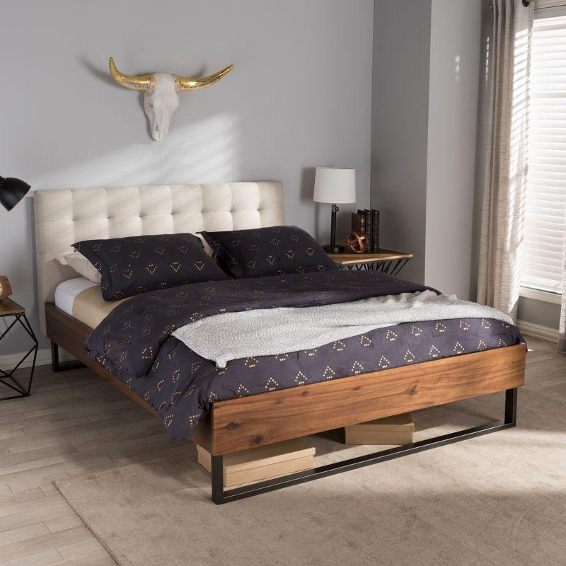 Mitchell Rustic Industrial Walnut Wood and Fabric Metal Platform Bed - Baxton Studio