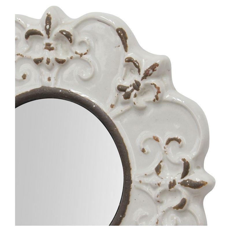 Antique White 8" Round Ceramic Fleur de Lis Wall Mirror