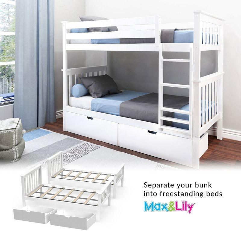 Max & Lily Solid Wood Twin over Twin Bunk Bed for Kids with Underbed Storage Drawers