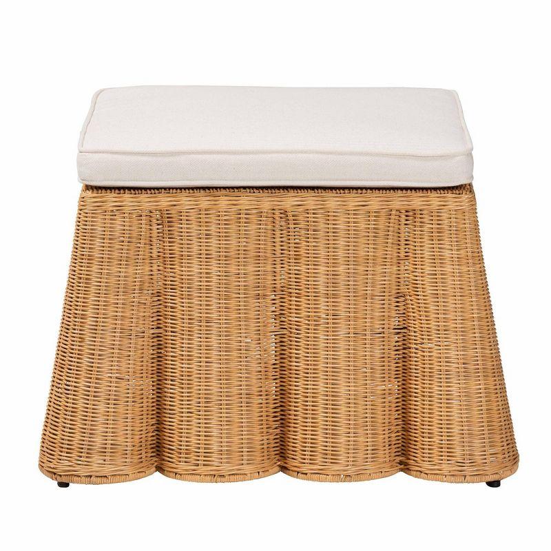bali & pari Palm Scallop Rattan Ottoman Honey: Square Upholstered, No Assembly, Polyester, Plywood