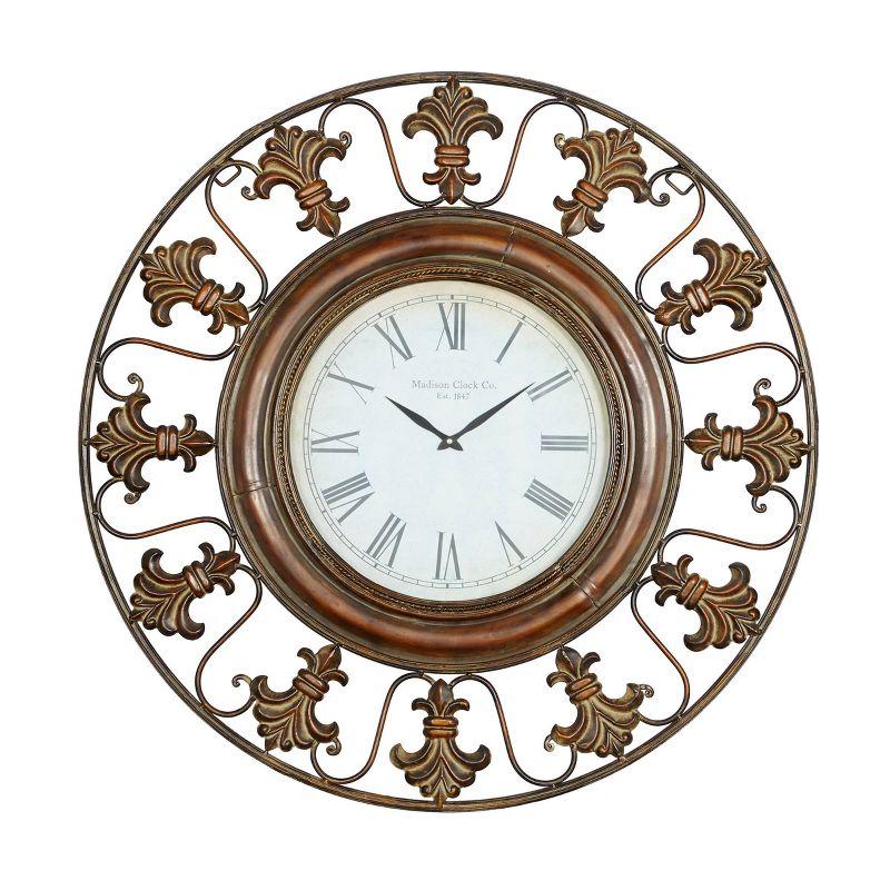 XL Brown Iron Fleur De Lis Roman Numeral Wall Clock