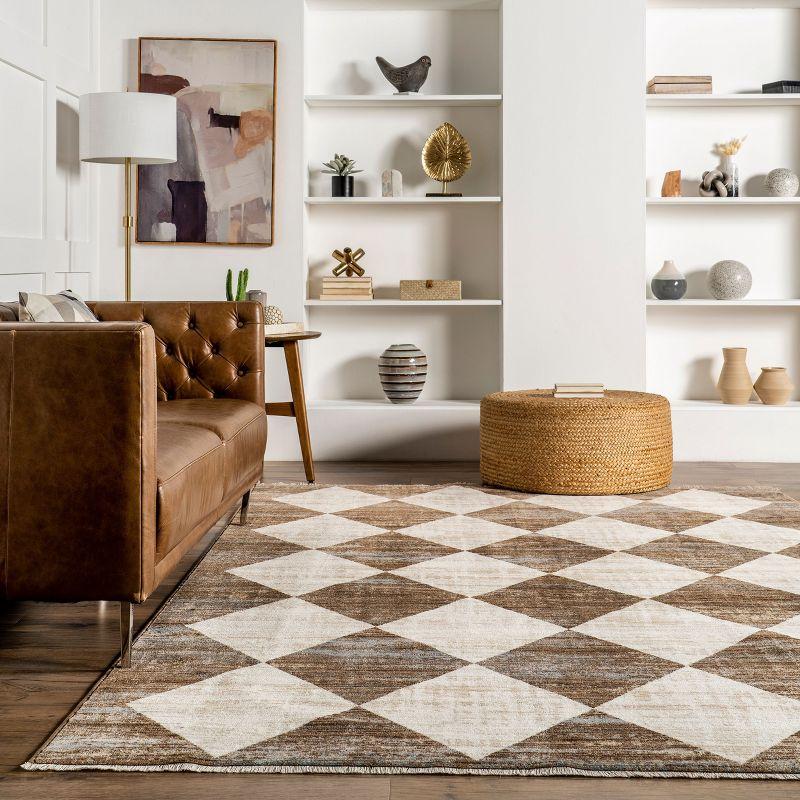 Meline Beige and Brown Checkered Rectangular Area Rug