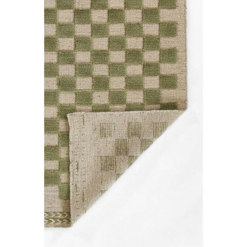 Handwoven Green and Beige Wool Checkered Rectangular Rug