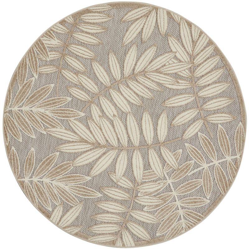 Nourison Aloha Floral Leaf Flatweave High-Low Indoor Outdoor Round Rug Natural 5'3" x 5'3"