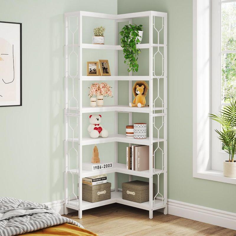 Tribesigns 7-Tier L-Shaped Bookshelf, Wood Corner Etagere Bookcase, Freestanding Display Shelving Unit, White