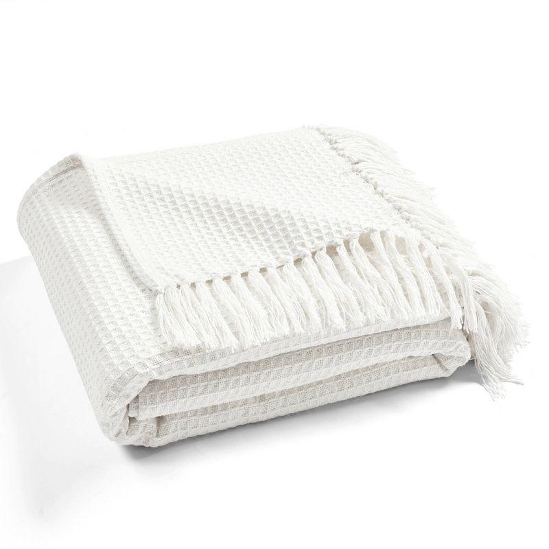 Elegant White Cotton Waffle Knit Throw Blanket with Tassel Fringe