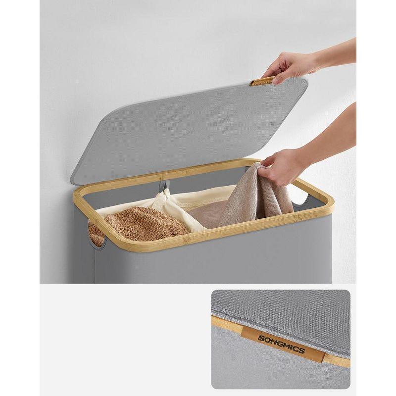 SONGMICS Laundry Hamper with Lid, 2-Section Large Laundry Basket, 34.3-gallon (130L), Removable Mesh Liner, Bamboo Handles, Collapsible, Dove Gray