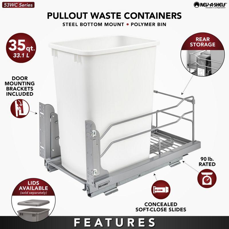 Rev-A-Shelf Pullout Trash Can for Under Kitchen Cabinets 35 Quart  8.75 Gallon with Soft-Close Slides and Rear Storage, Champagne, 53WC-1535SCDM-112
