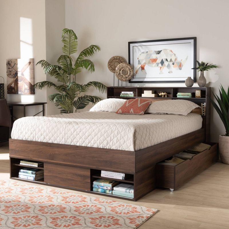 Queen 1 Drawer Tristan Wood Platform Storage Bed with Shelves Dark Brown - Baxton Studio