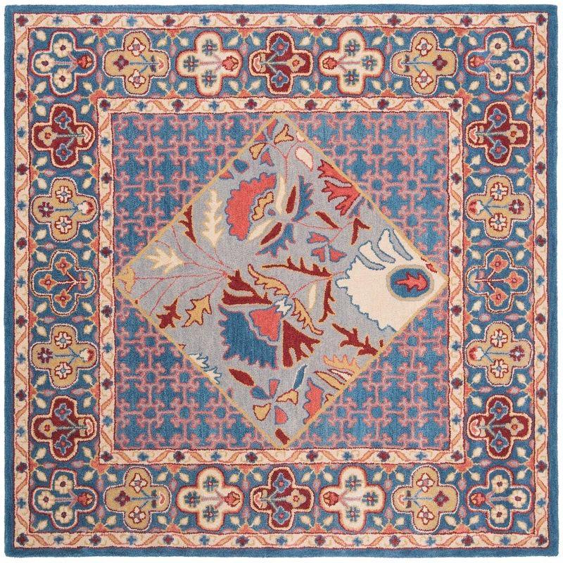 Heirloom Blue & Red Hand-Tufted Wool Square Rug - 6' x 6'