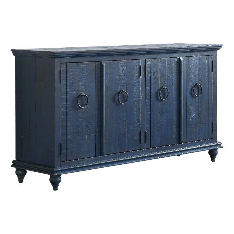 Rustic Blue 65" Solid Pine Wood TV Stand with Cabinet