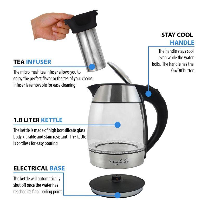 MegaChef 1.8L Glass Body and Stainless Steel Electric Tea Kettle with Tea Infuser Clear/Silver