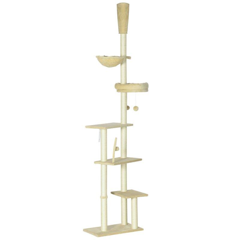 PawHut Floor to Ceiling Cat Tree, 90.5" - 98.5" Height Adjustable Cat Climbing Tower with Cozy Bed, Hammock, Scratching Posts, Toy Balls, Beige